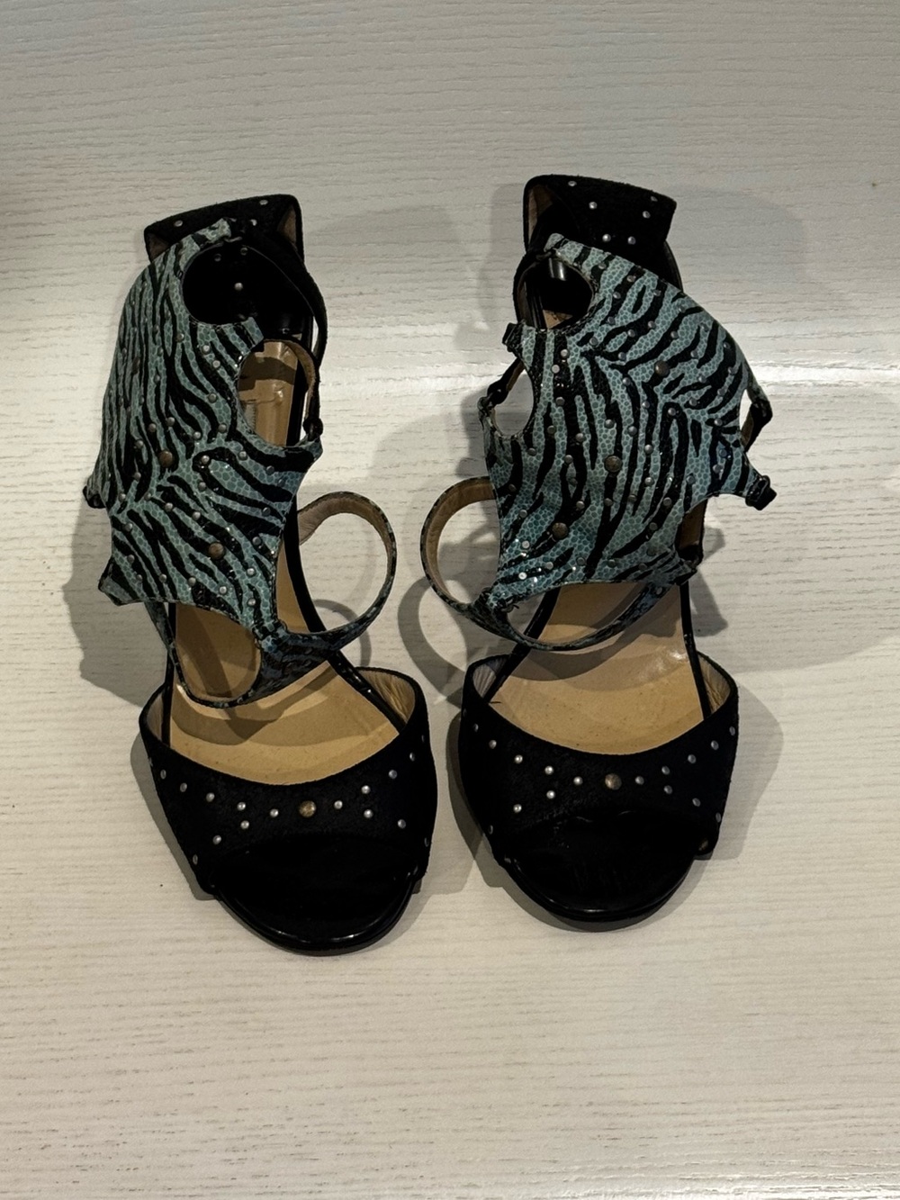 Jimmy Choo Black and Teal Zebra-Print Strappy Heels